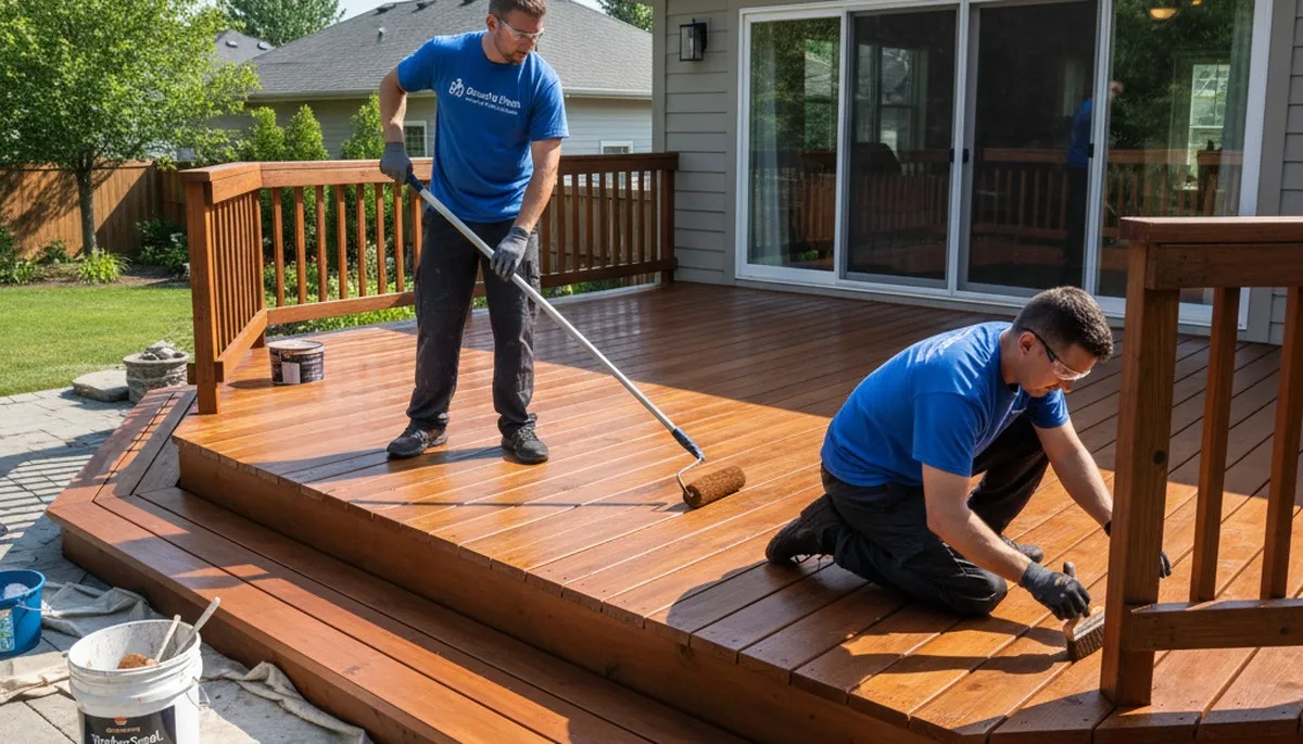 Indianapolis painter applying professional deck staining for weather protection and curb appeal